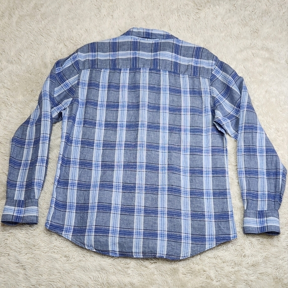 Bugatchi Julian Plaid Check Linen Shirt BS5276L4S Denim Blue Mens Sz Med - Picture 4 of 11